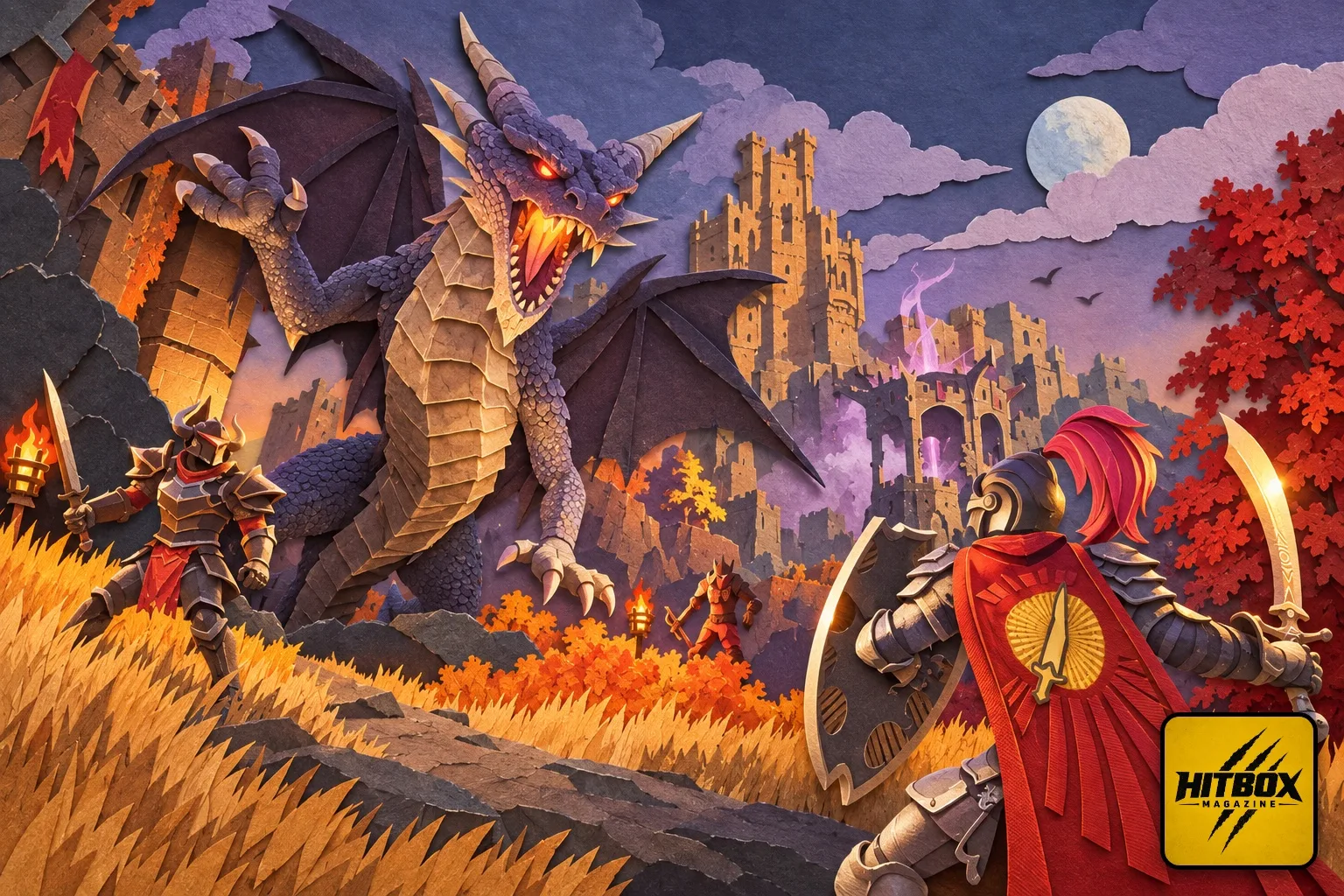 RuneScape 4 in paper-cut style, a knight facing a dragon before a castle