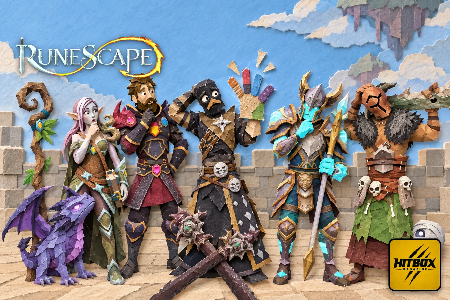 RuneScape en papier découpé, une rangée d'aventuriers dont un héros à la main déformée