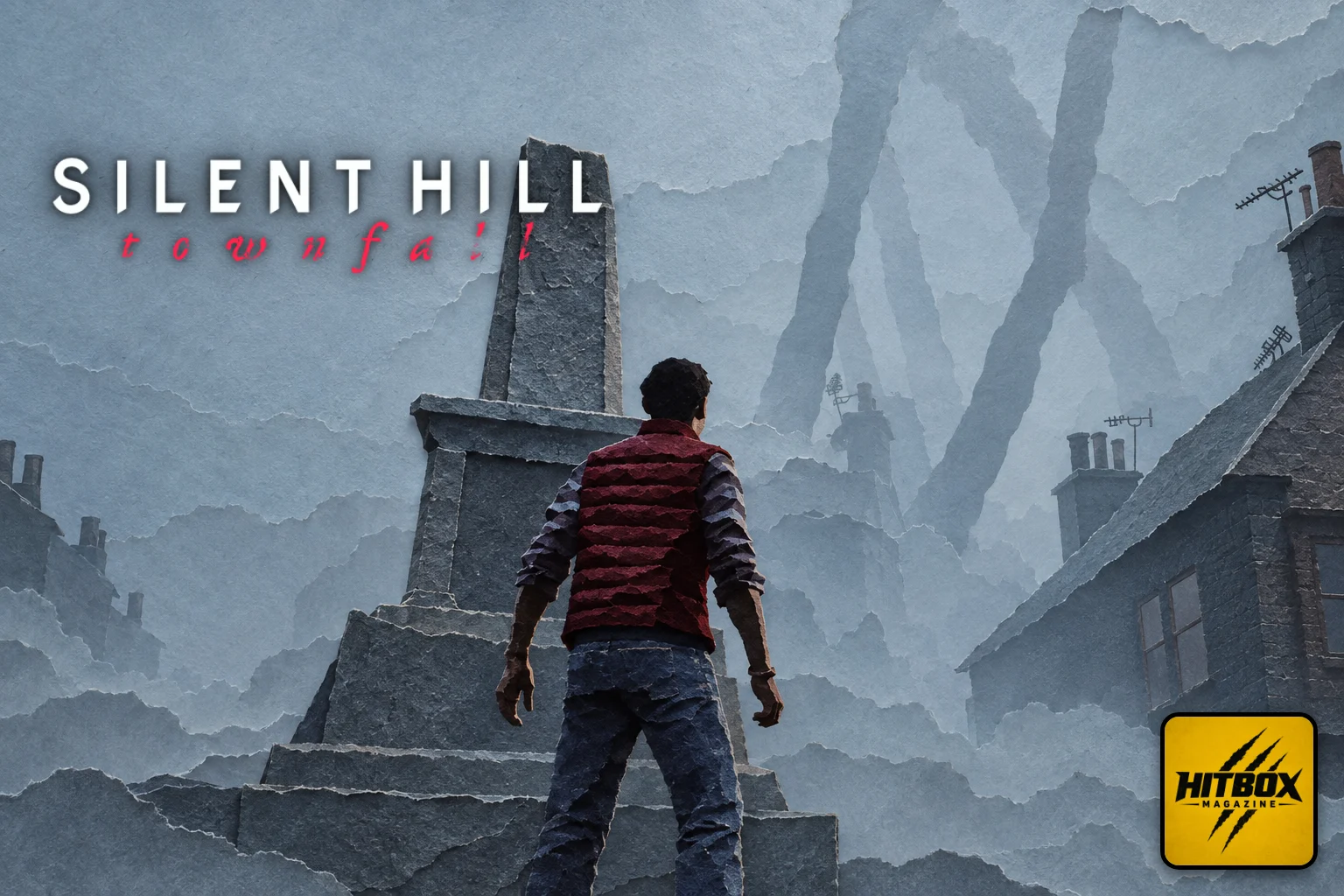 Silent Hill: Townfall paper-cut art, Simon in the fog facing a giant silhouette