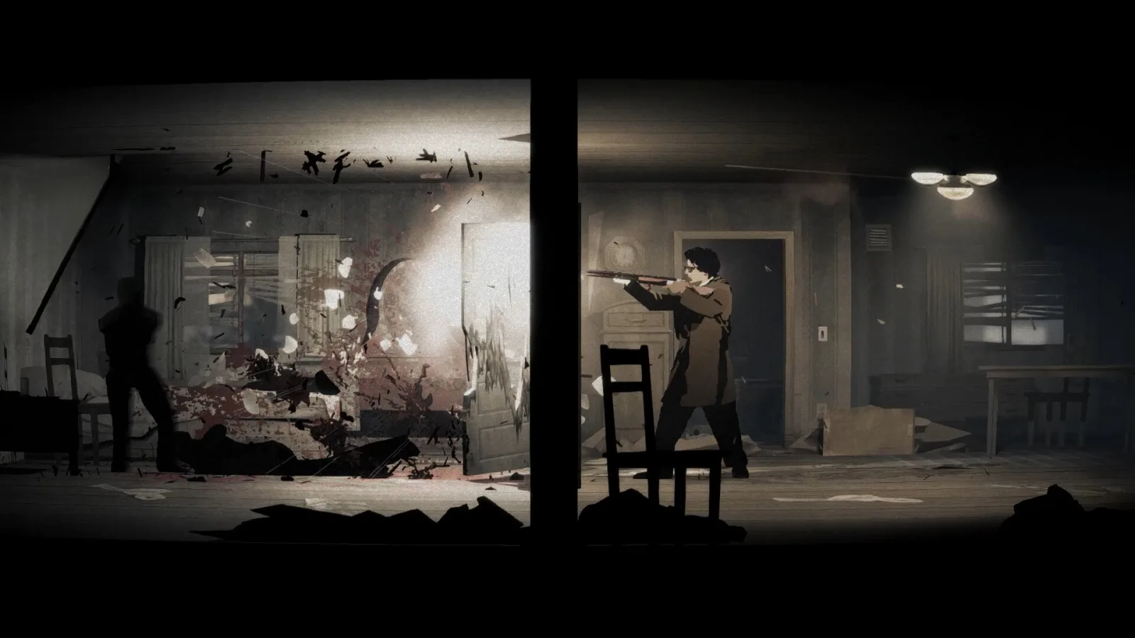 The Silver Pines detective fires a shotgun inside a wrecked house