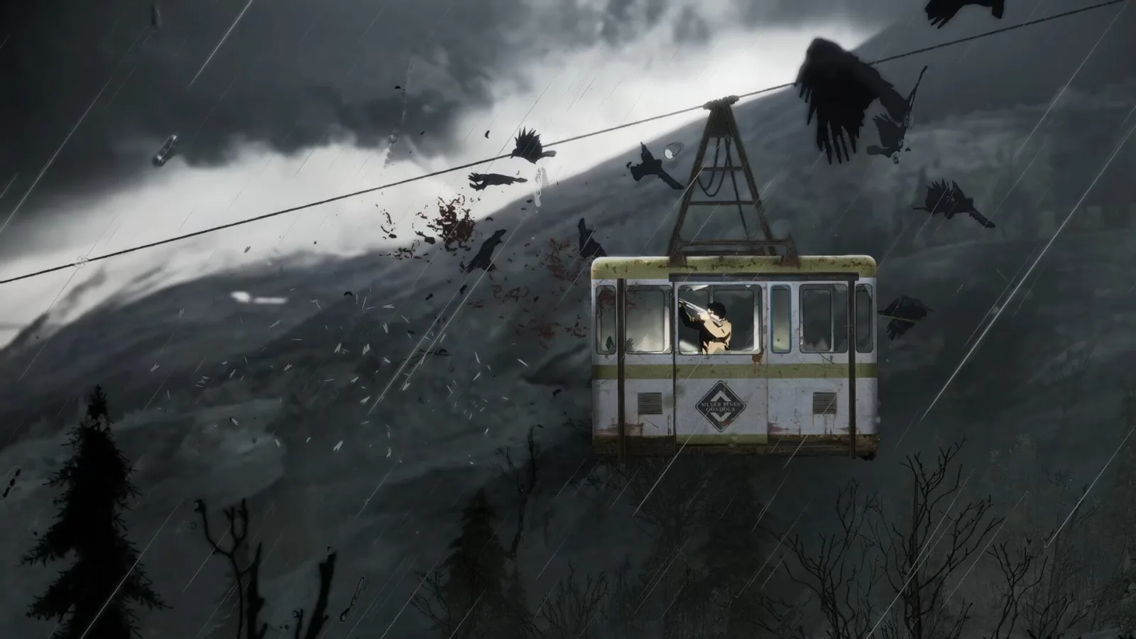 Beset by crows, a man shoots from a Silver Pines cable car in the storm