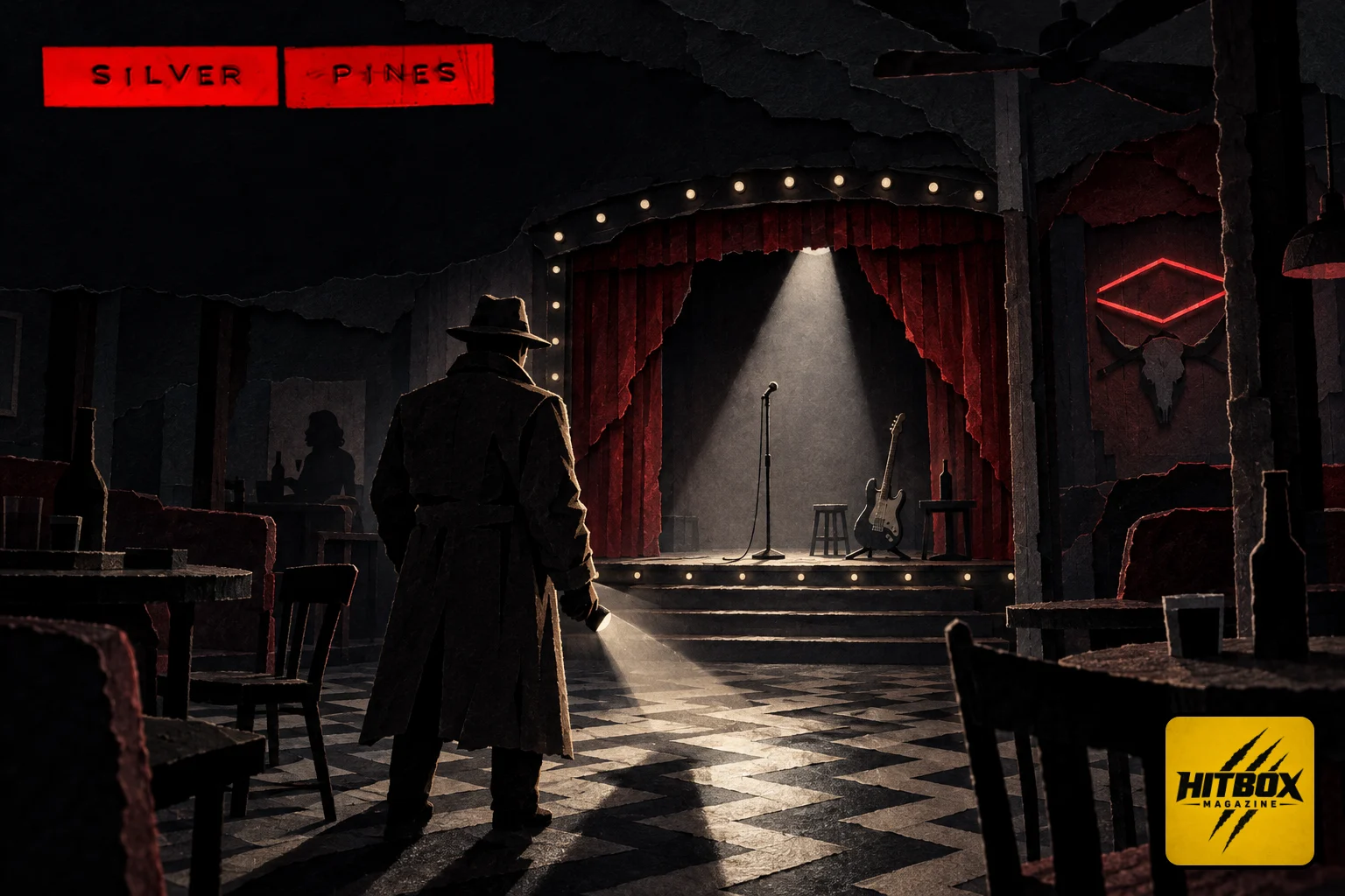 Torch in hand, a detective approaches an empty cabaret stage in Silver Pines