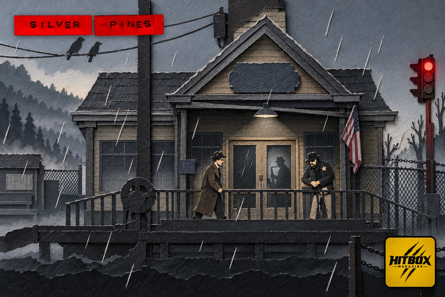 In the rain, a detective passes a sheriff on a Silver Pines office porch