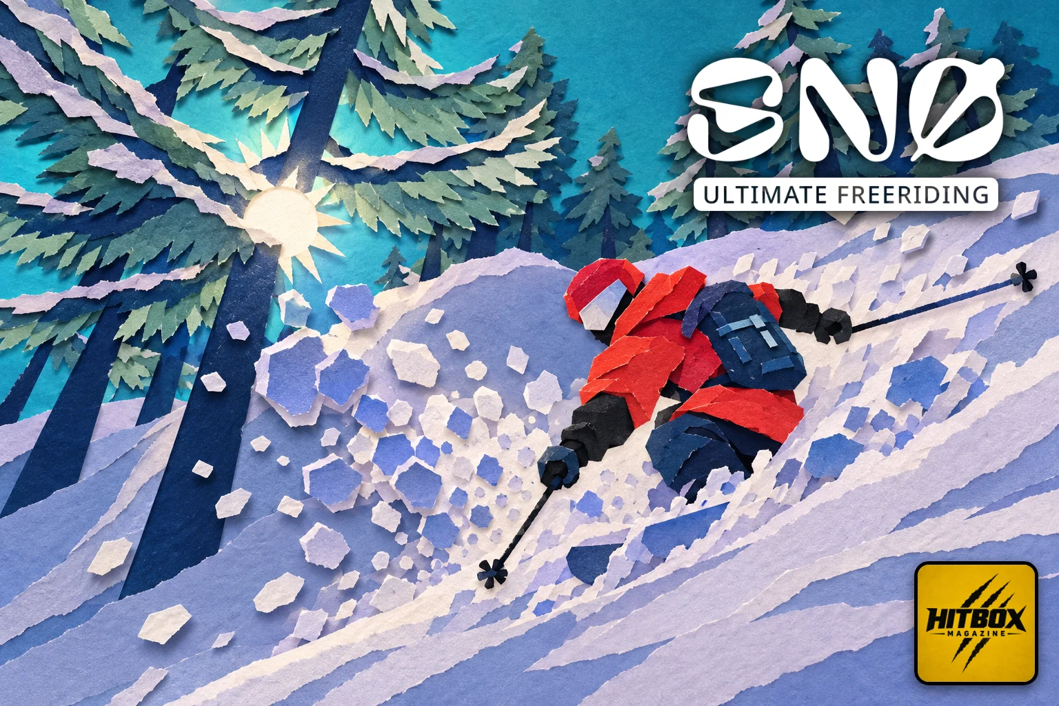 A skier in a red jacket carves through deep powder beneath SNØ's pine trees