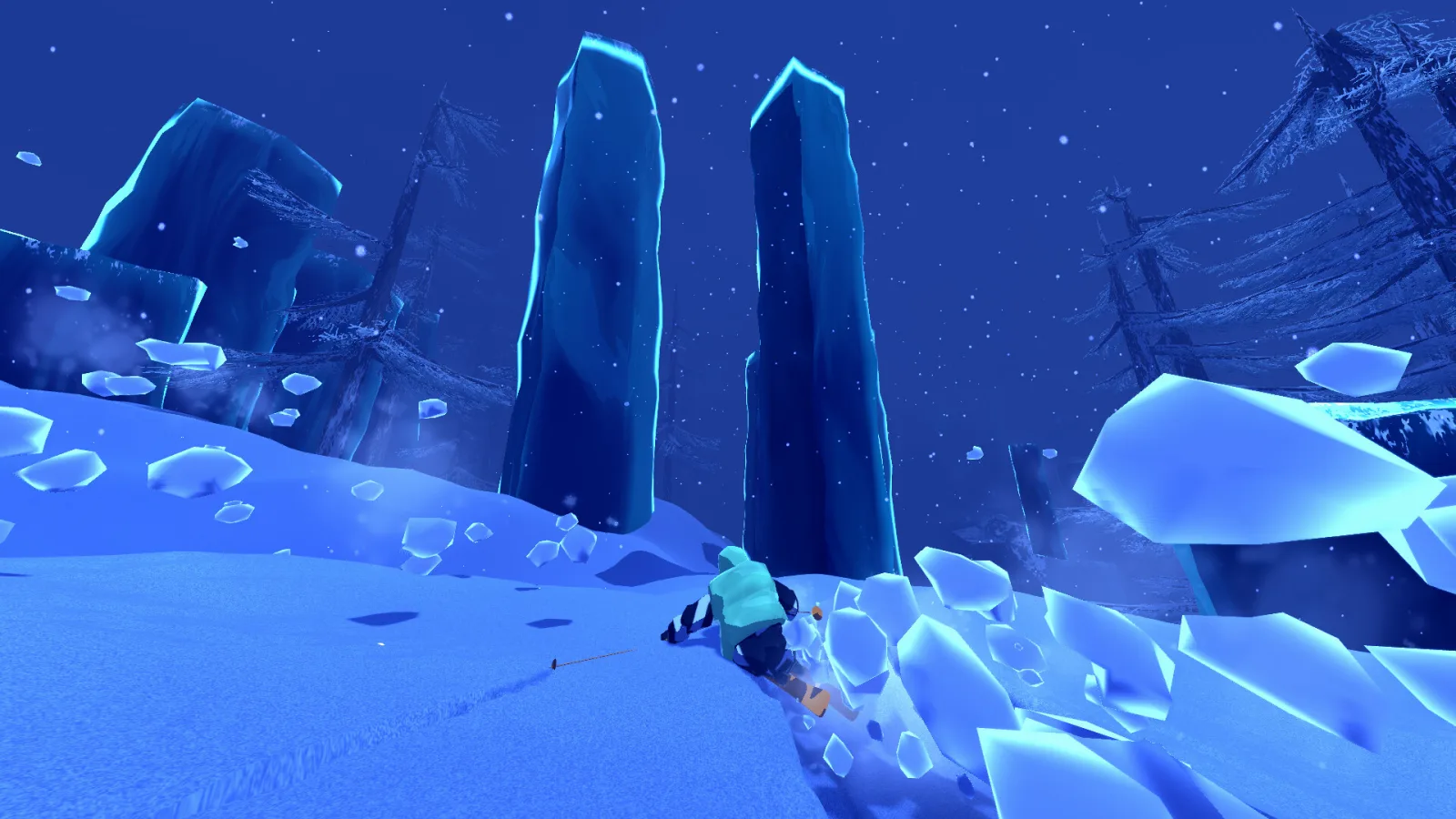 A skier slips between two towering ice monoliths in SNØ's snowy night biome