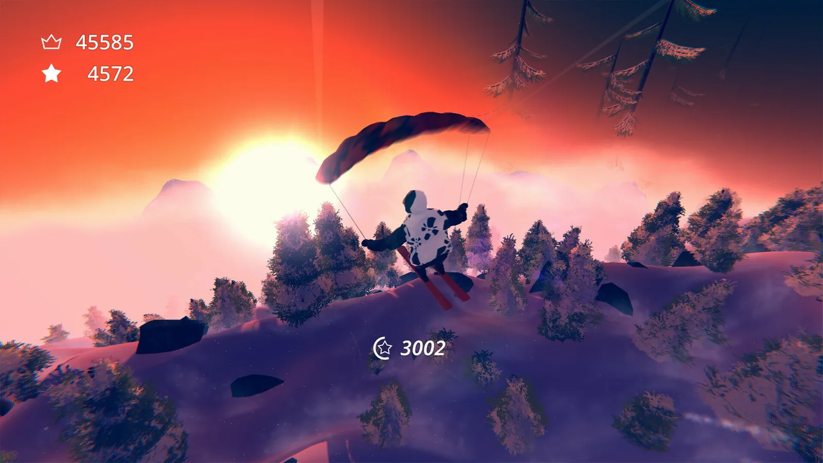Under an orange sunset, a SNØ skier glides over the pine trees on a parachute