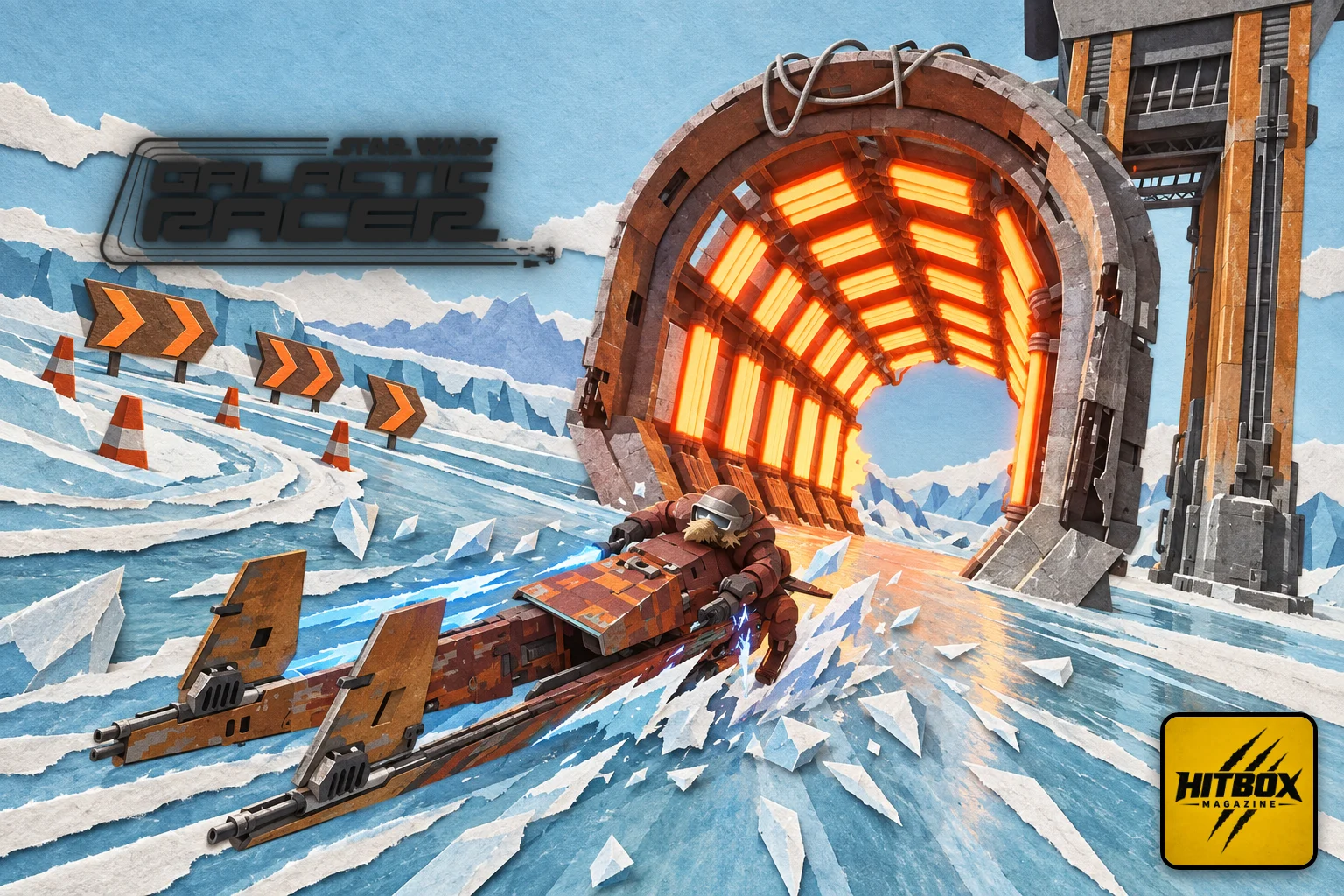 A speeder bike races over ice towards a tunnel in Star Wars: Galactic Racer