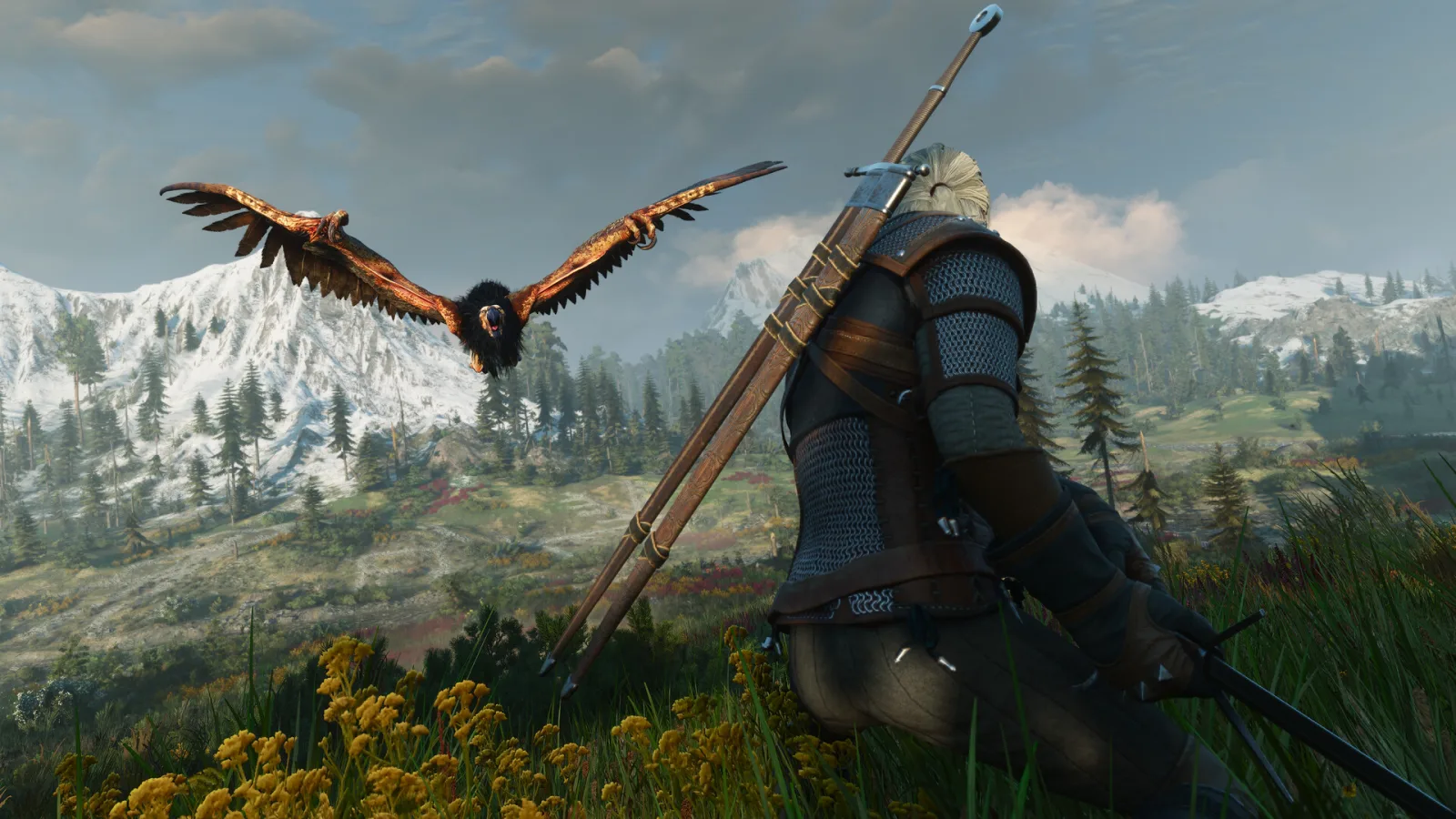 The Witcher 3 Remastered : Geralt contemple un paysage de montagnes