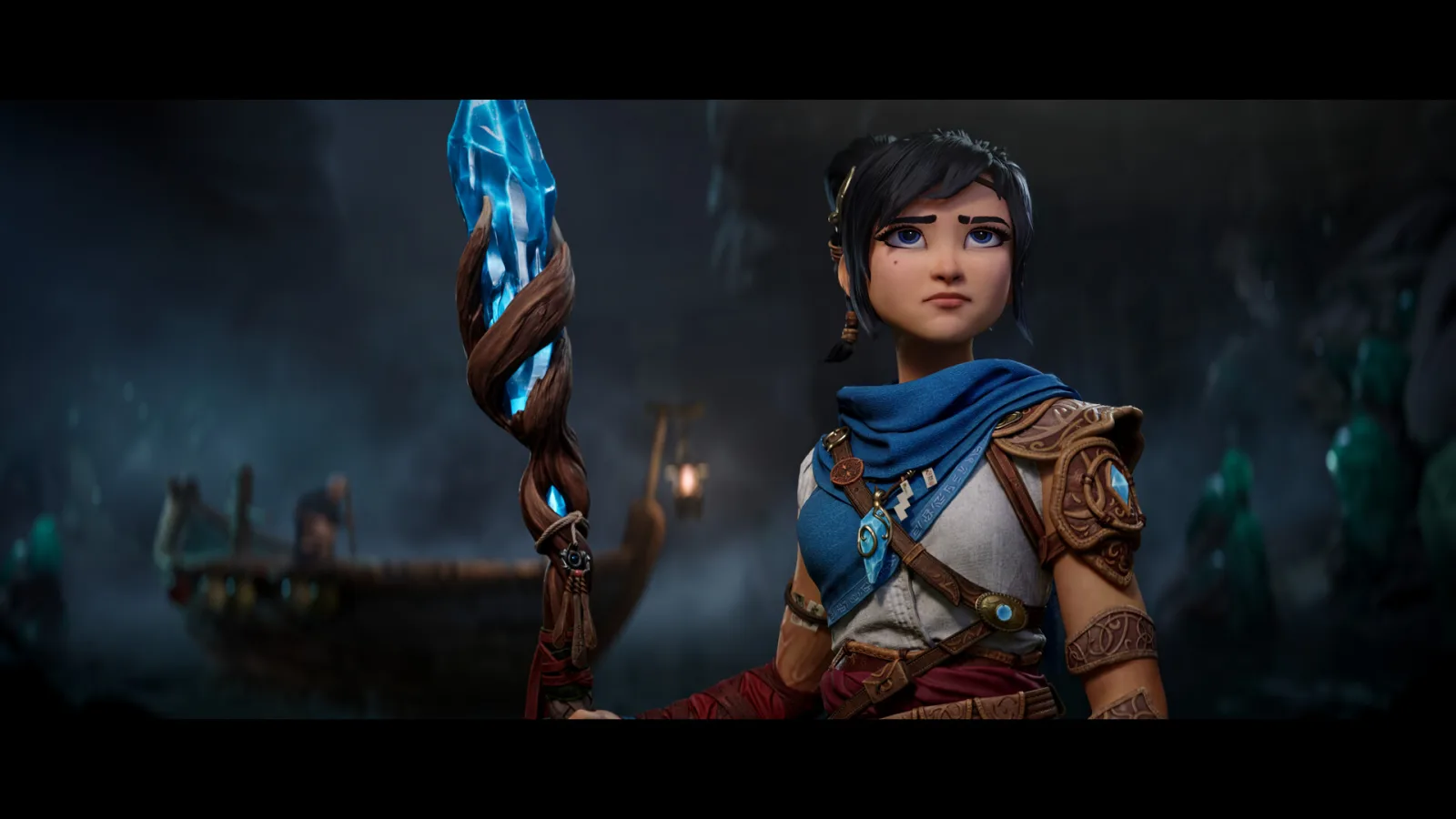 Kena: Scars of Kosmora: Kena holding her crystal staff by the water