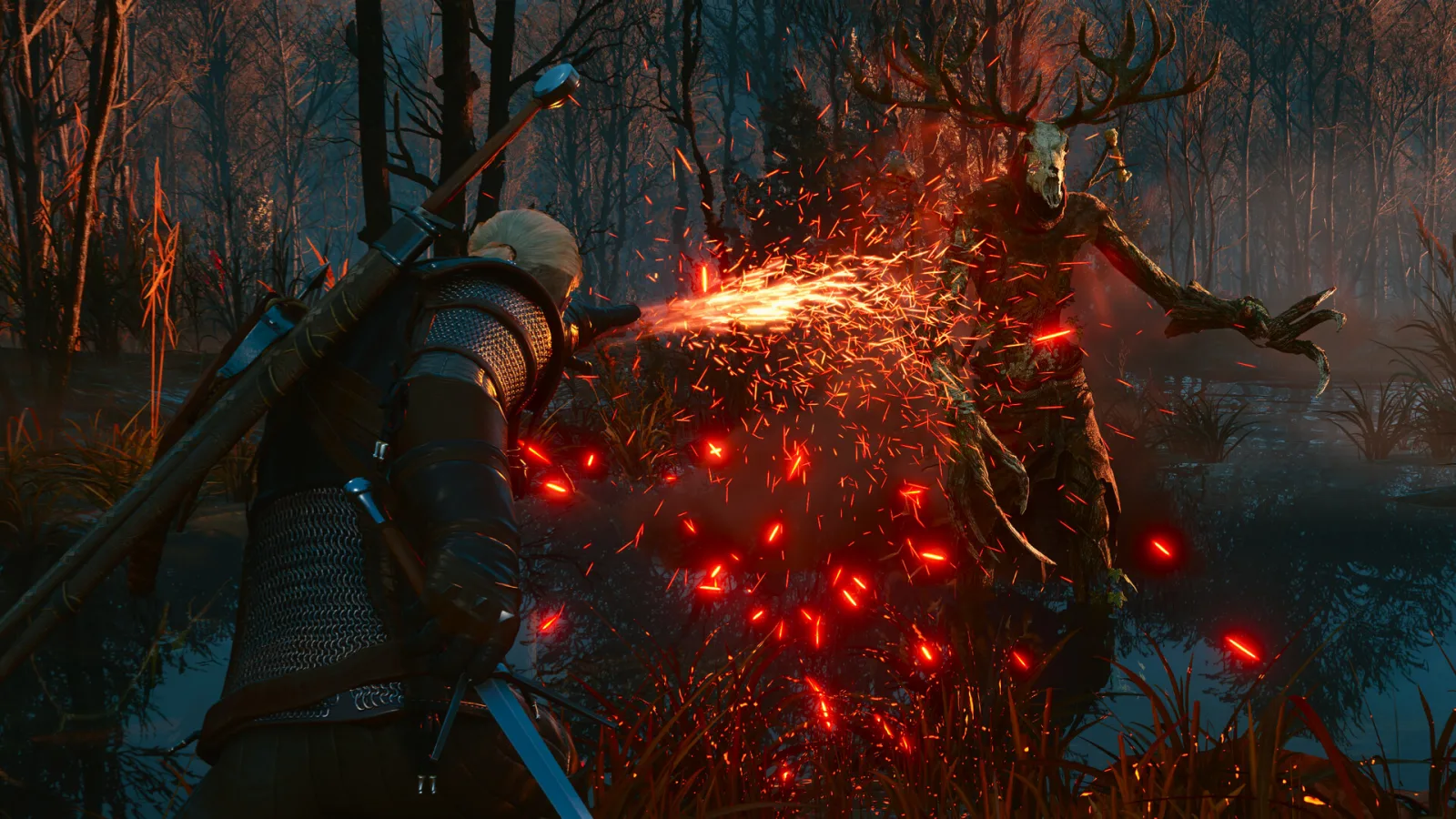 The Witcher 3 Remastered : Geralt lance un signe de feu face à une créature