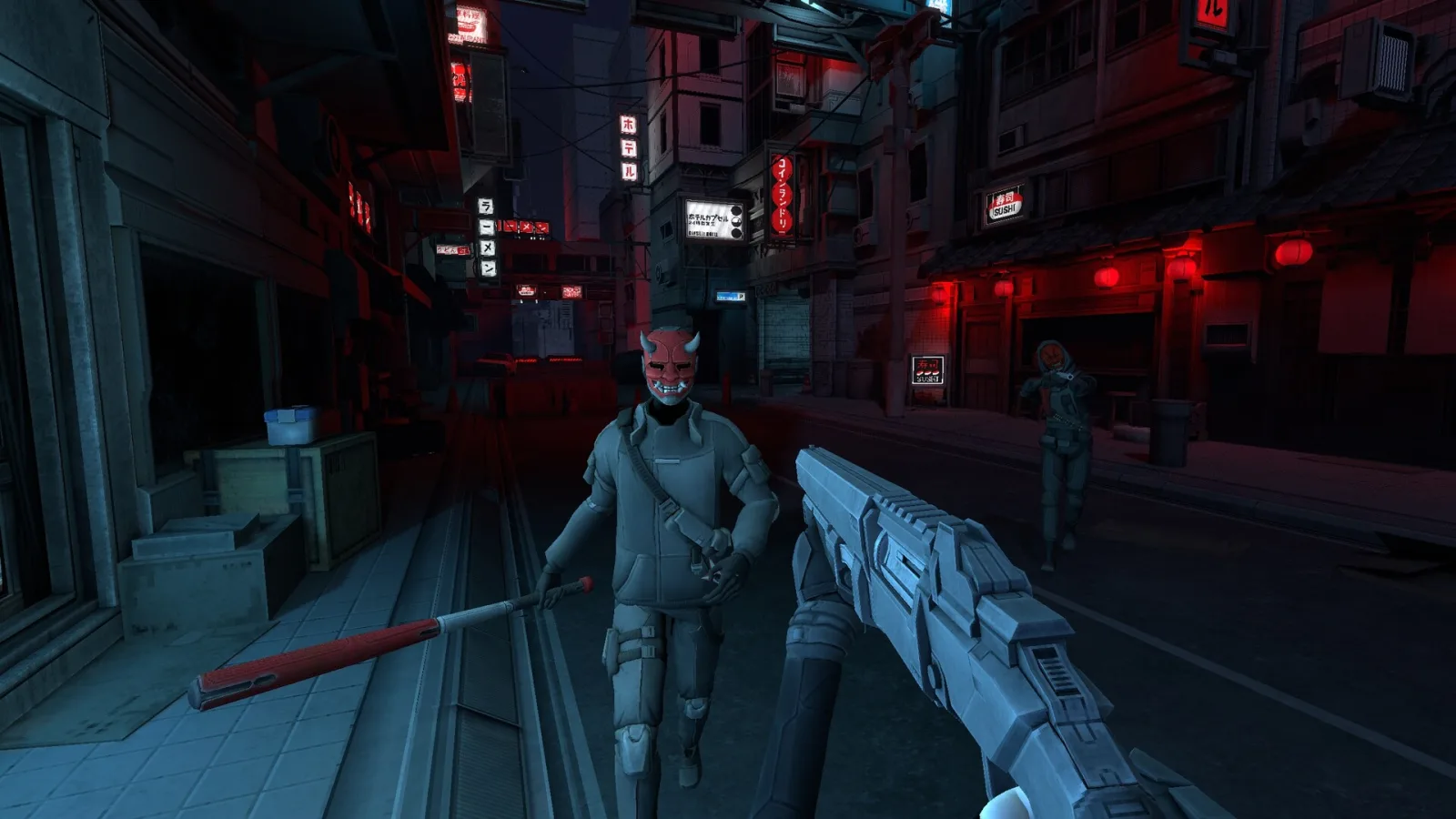 Tokyo Walled City : un personnage armé avance dans une rue sombre