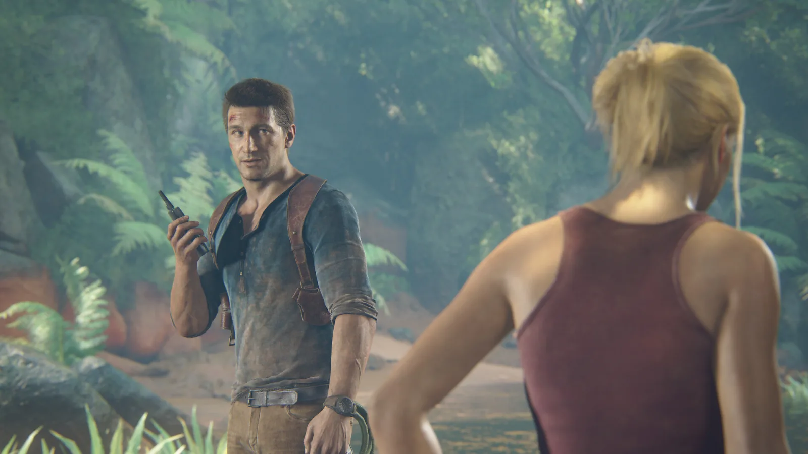 Uncharted 4, Nathan Drake and Elena Fisher in the jungle