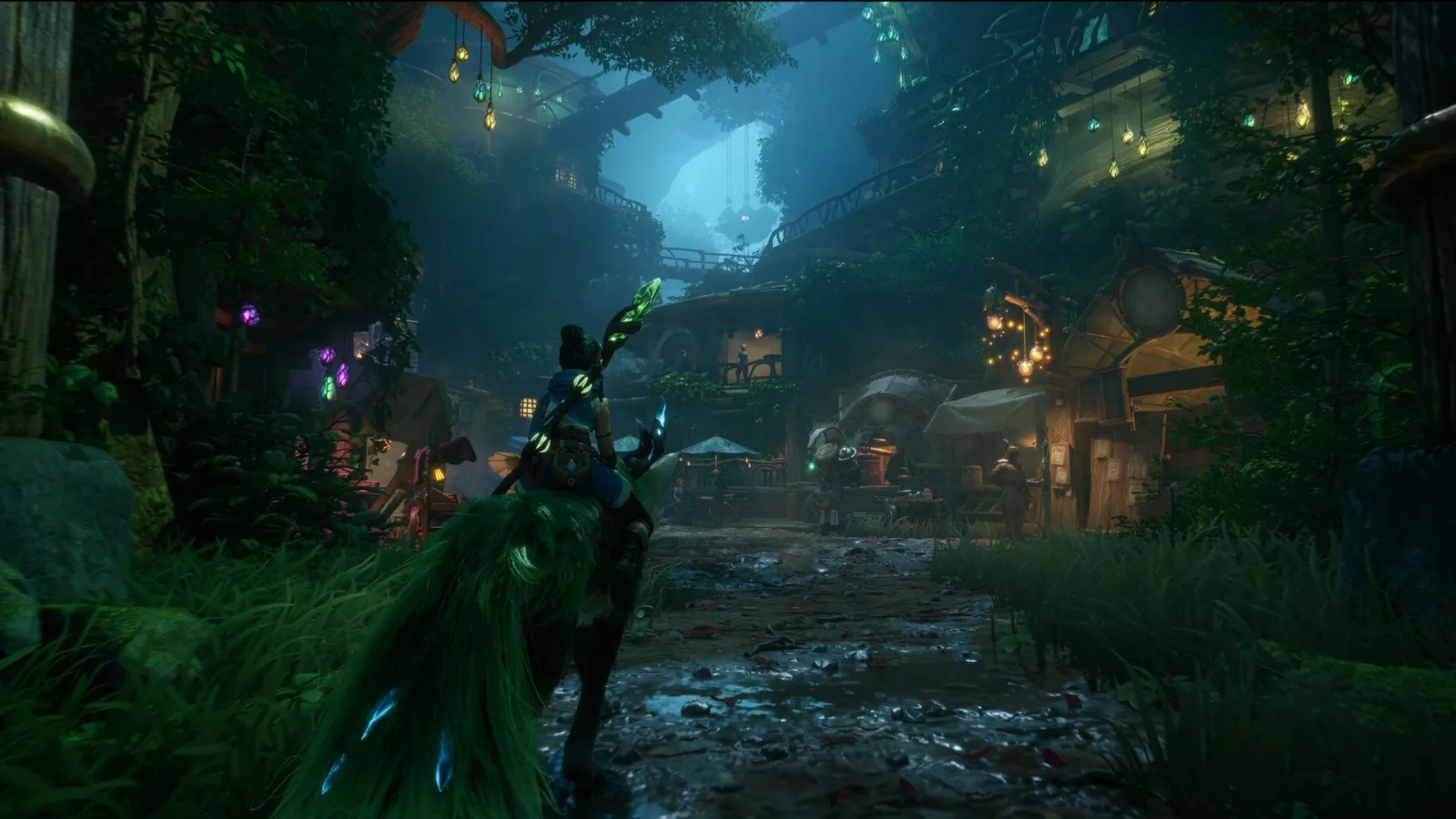 Kena: Scars of Kosmora: Kena riding her crystal mount through a village