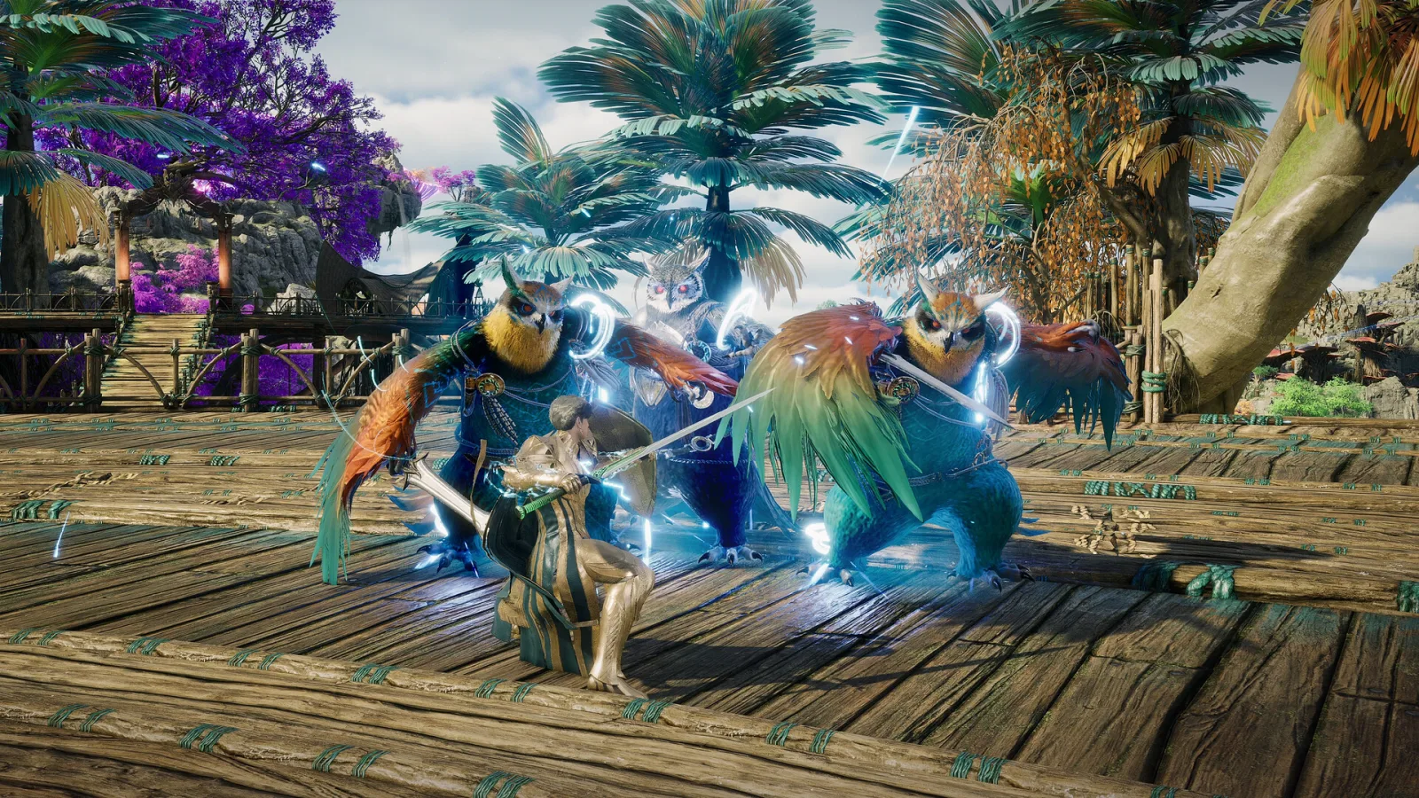 Aion 2, un combat contre deux créatures sur un ponton