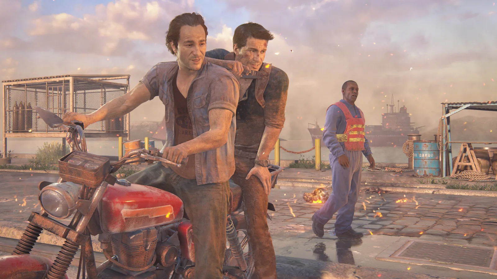 Uncharted 4, Nathan and Sam Drake on a motorbike at the docks