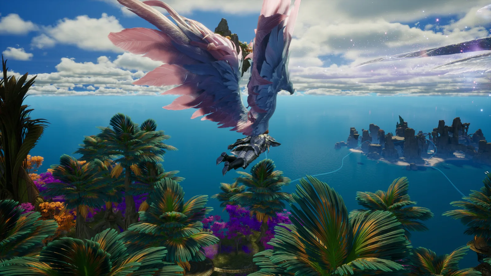 Aion 2, un Daeva plane au-dessus d'une île tropicale