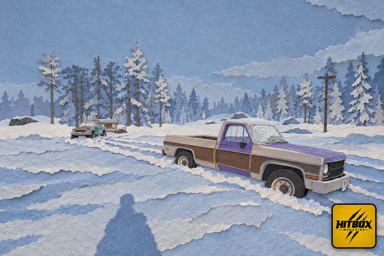 Two pickups stuck in forest snow, a scene from Arctic Drive at Steam Next Fest