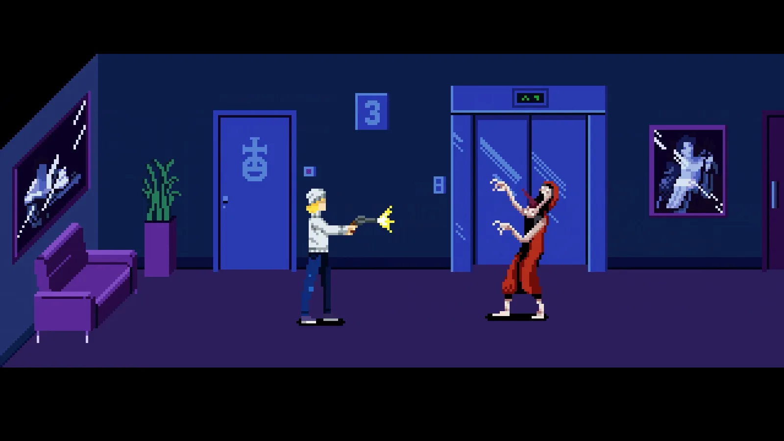 Julia shoots a red creature by the lift on the third floor in Tenebris Somnia
