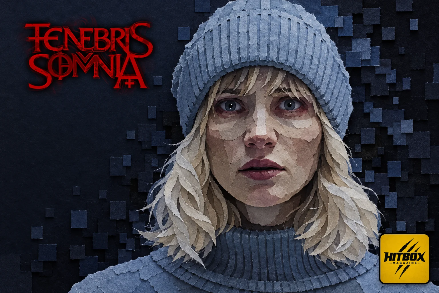 Julia stares out anxiously from under her woolly hat in Tenebris Somnia