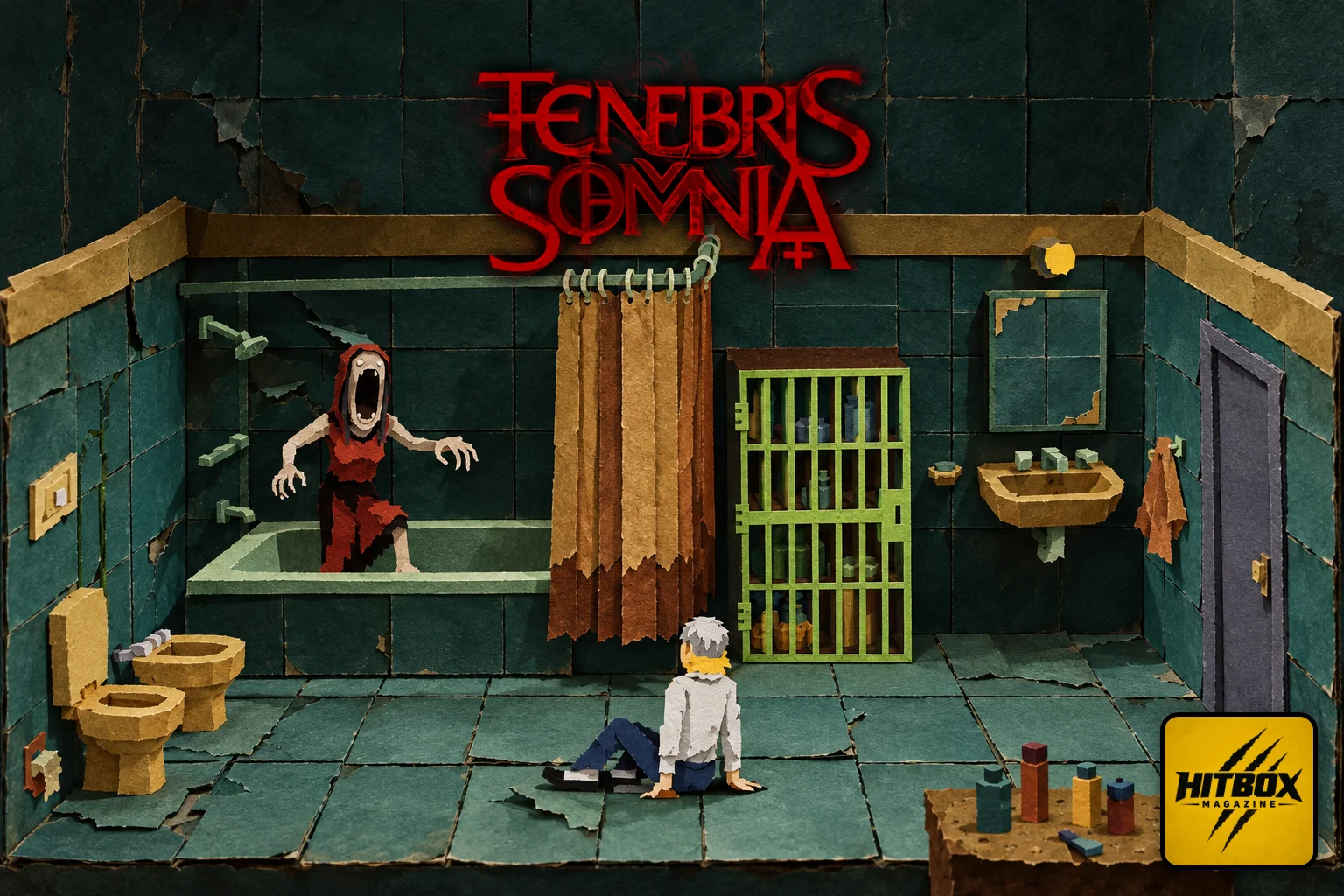 A screaming creature in a red dress rises from a bathtub in Tenebris Somnia