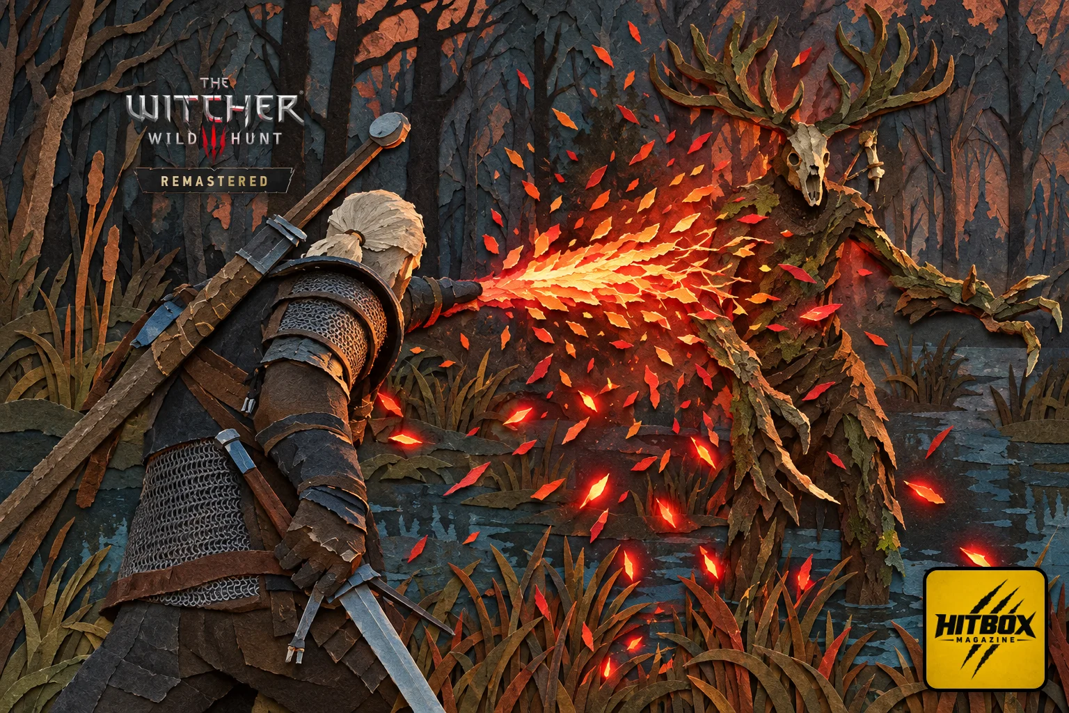 Witcher 3 Remastered in paper-cut style, Geralt casting fire at a leshen