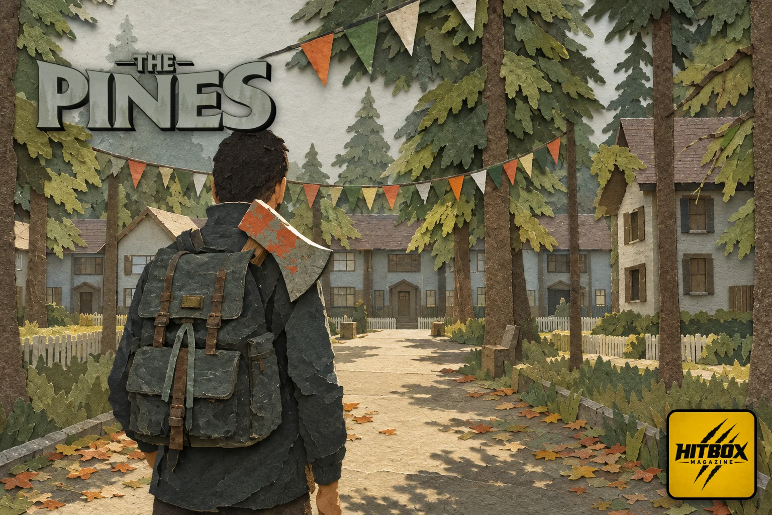 Hache sur le sac, un homme marche sous des fanions dans The Pines
