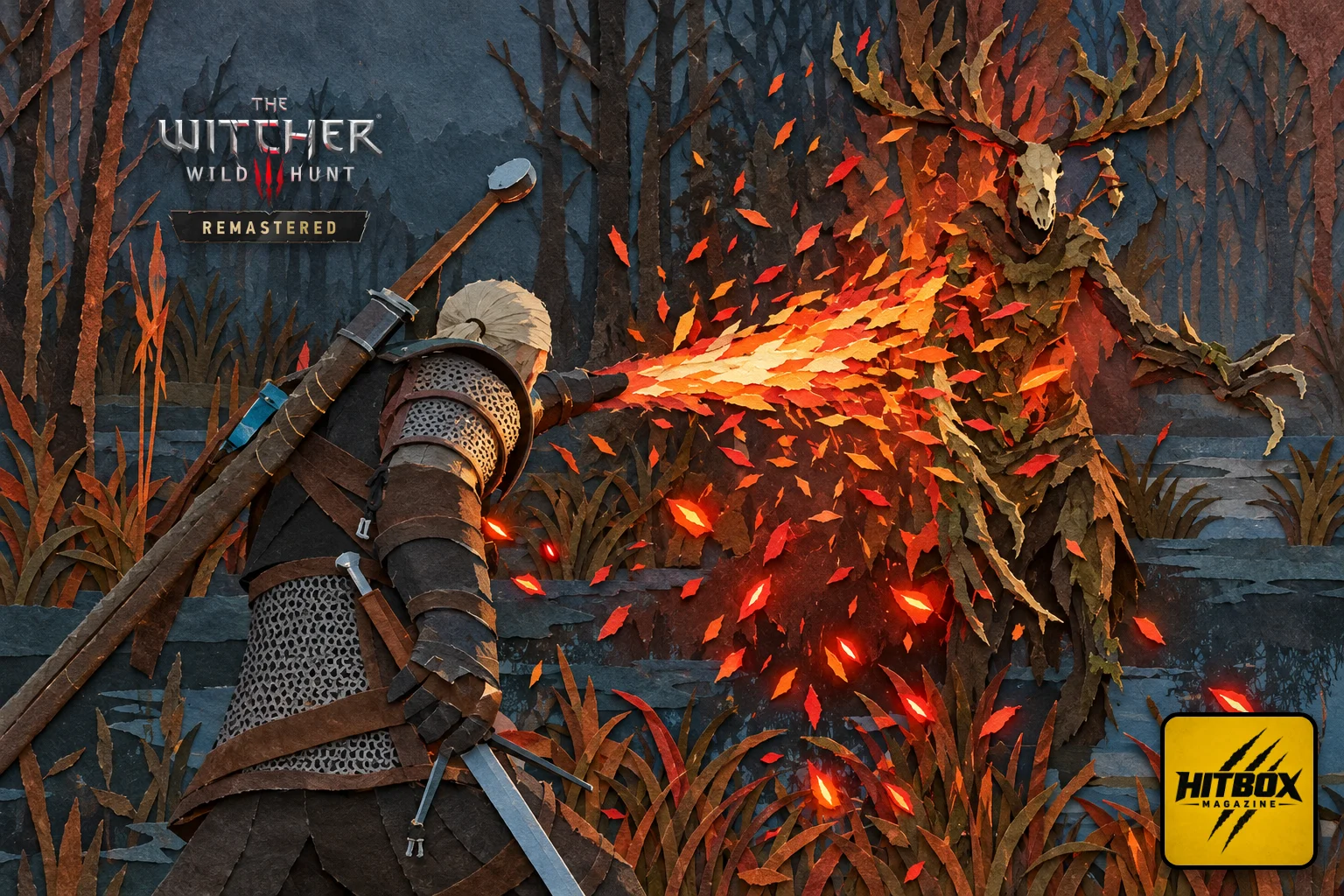 The Witcher 3 en papier découpé, Geralt lance un signe de feu dans la forêt