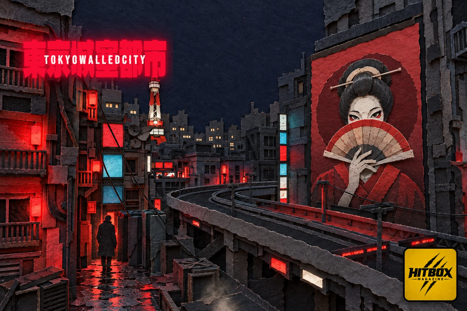 Tokyo Walled City in paper-cut style, a red neon alley in a walled district