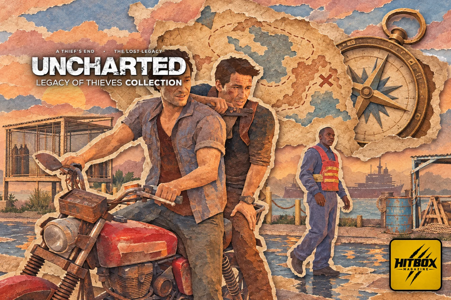 Uncharted in paper-cut style, Nathan and Sam Drake on a motorbike before a treasure map