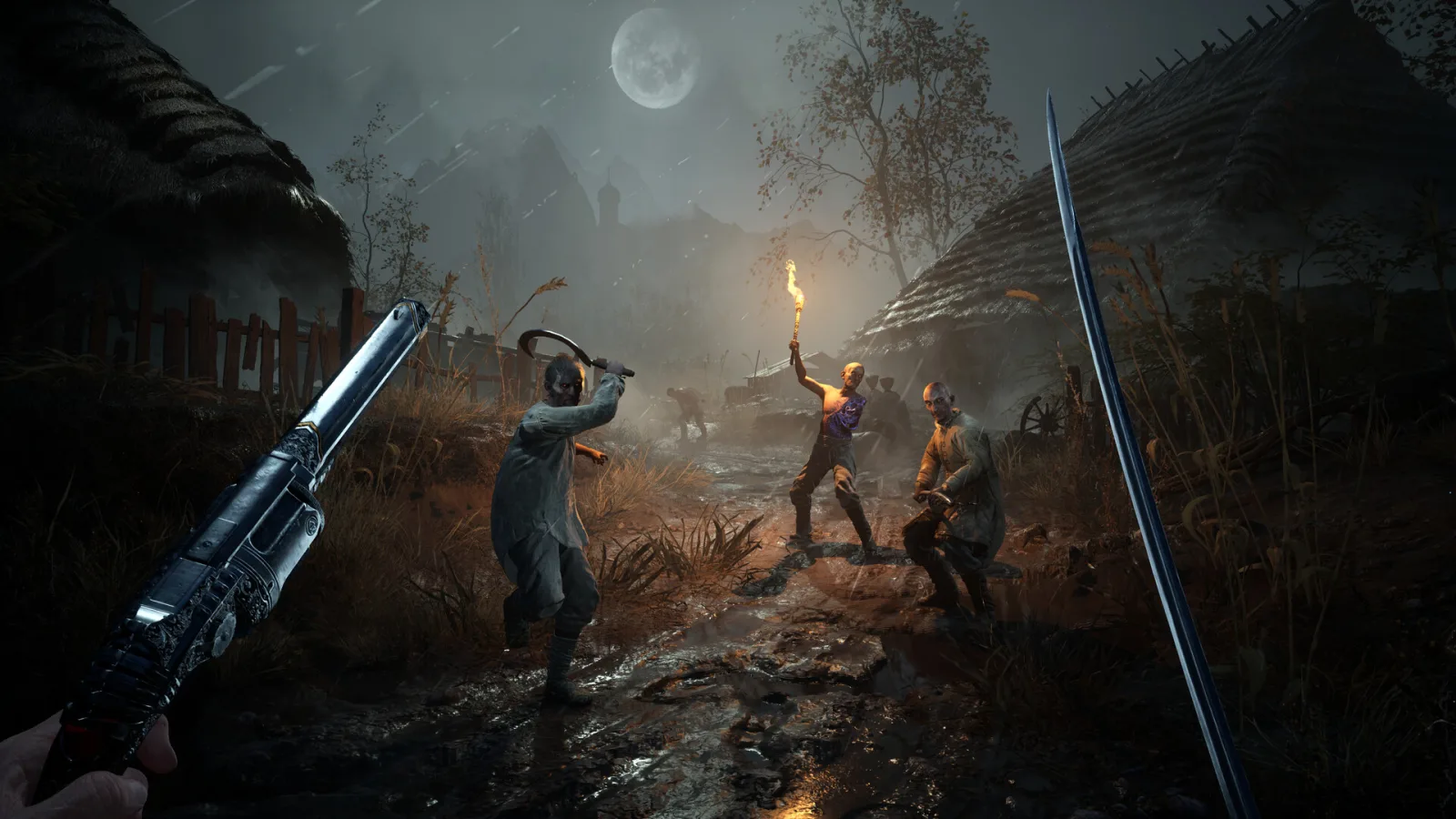 By torchlight, sickle-wielding villagers charge the player in Valor Mortis