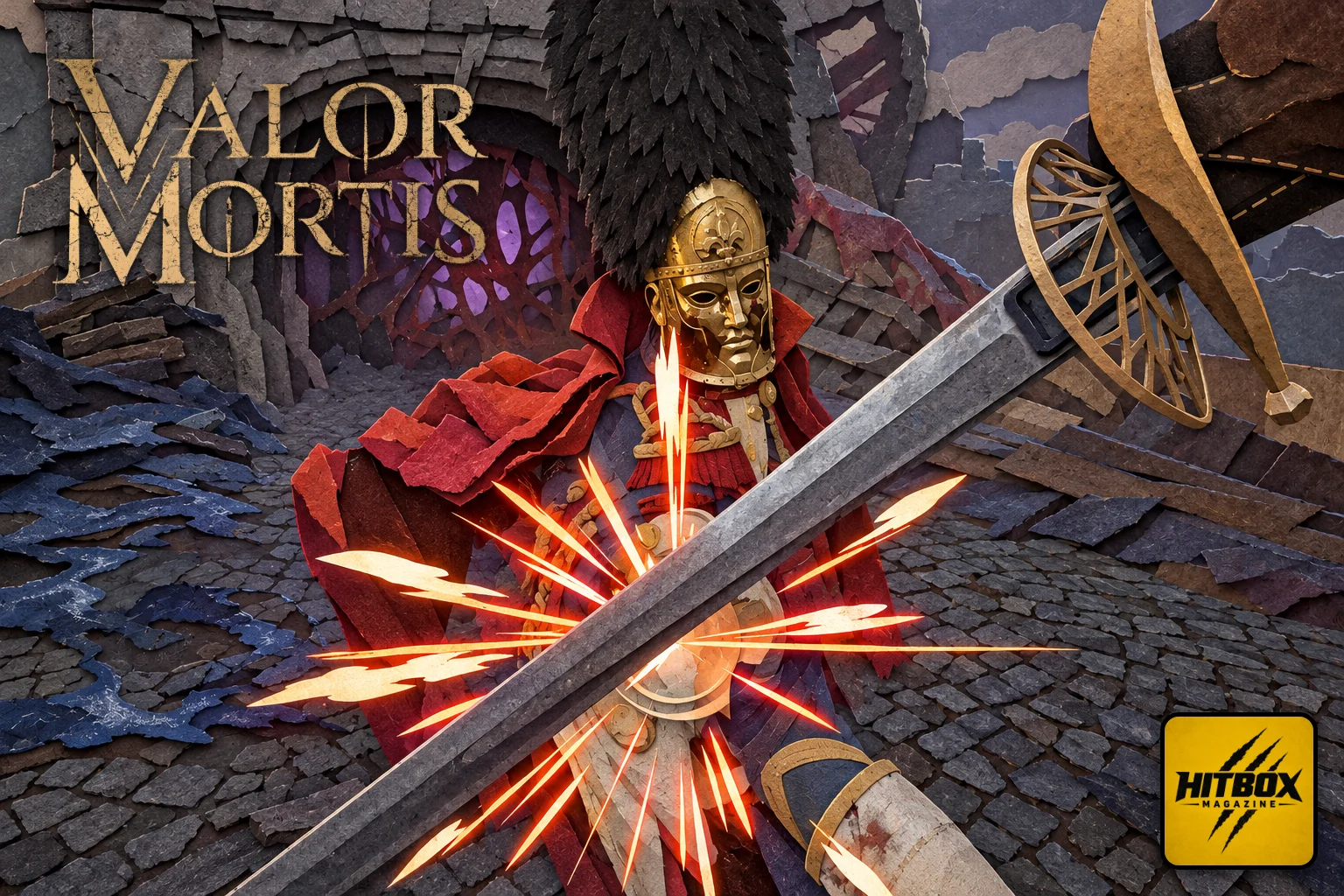 A soldier in a golden mask blocks a sabre amid sparks in Valor Mortis