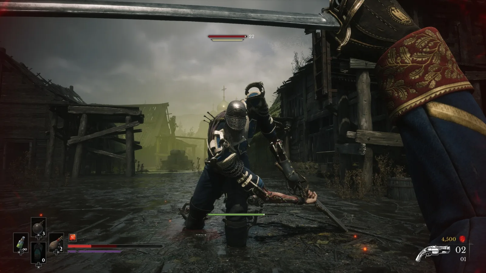 An armoured knight with a mechanical arm faces a raised sabre in Valor Mortis