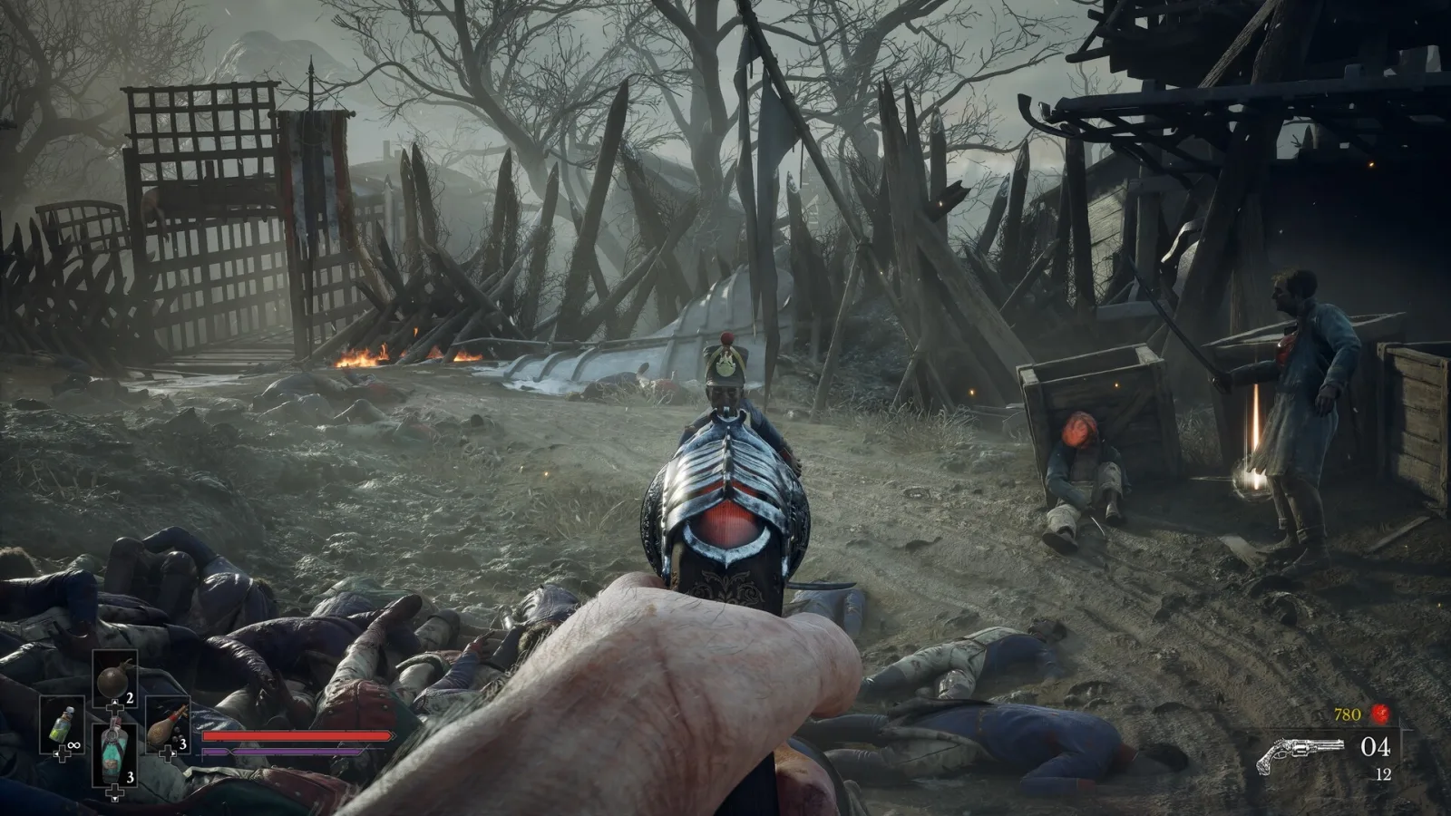 A pistol aims at a soldier in a shako on a Valor Mortis battlefield