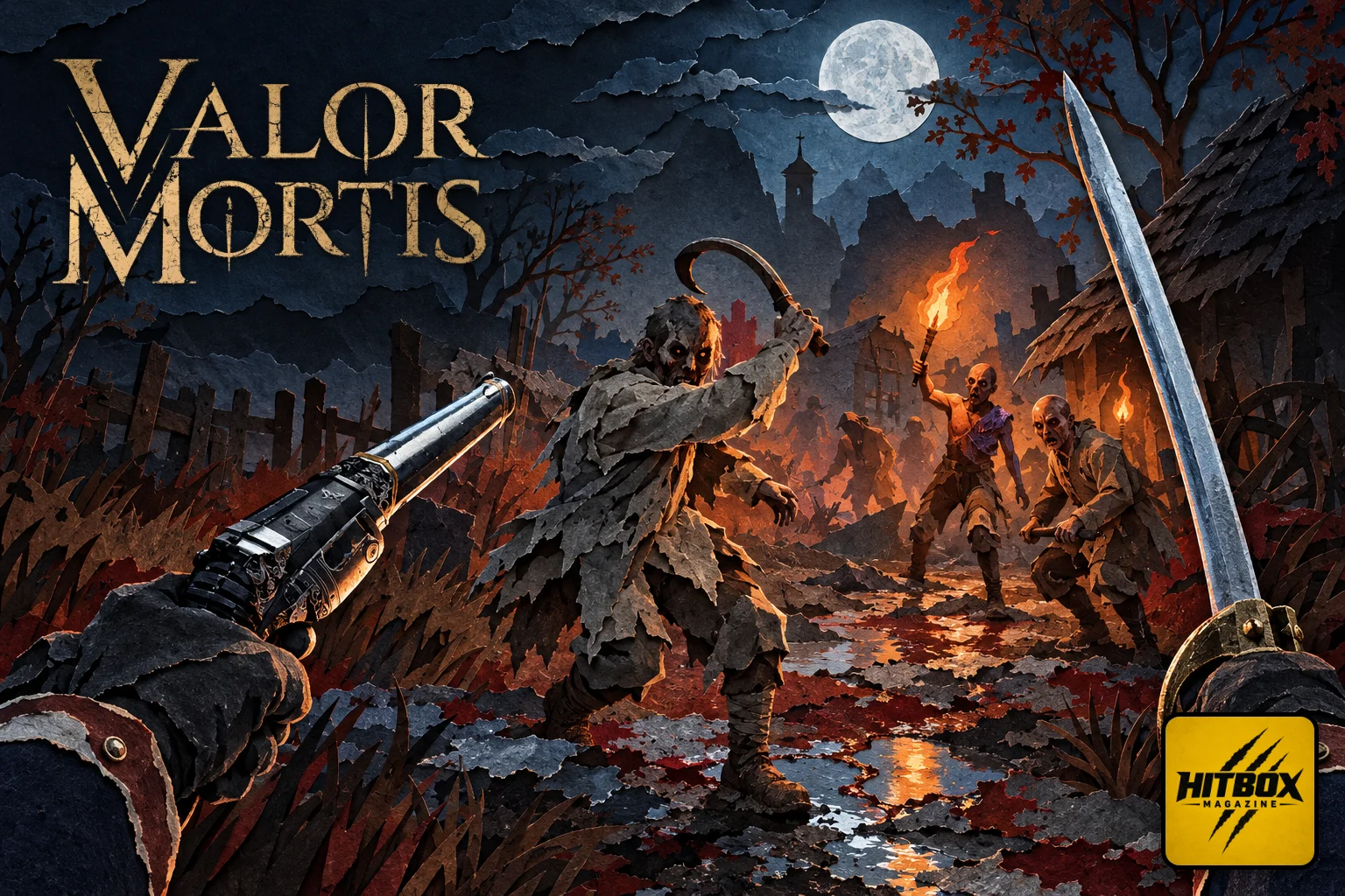 Pistol and sabre drawn against infected villagers at night in Valor Mortis