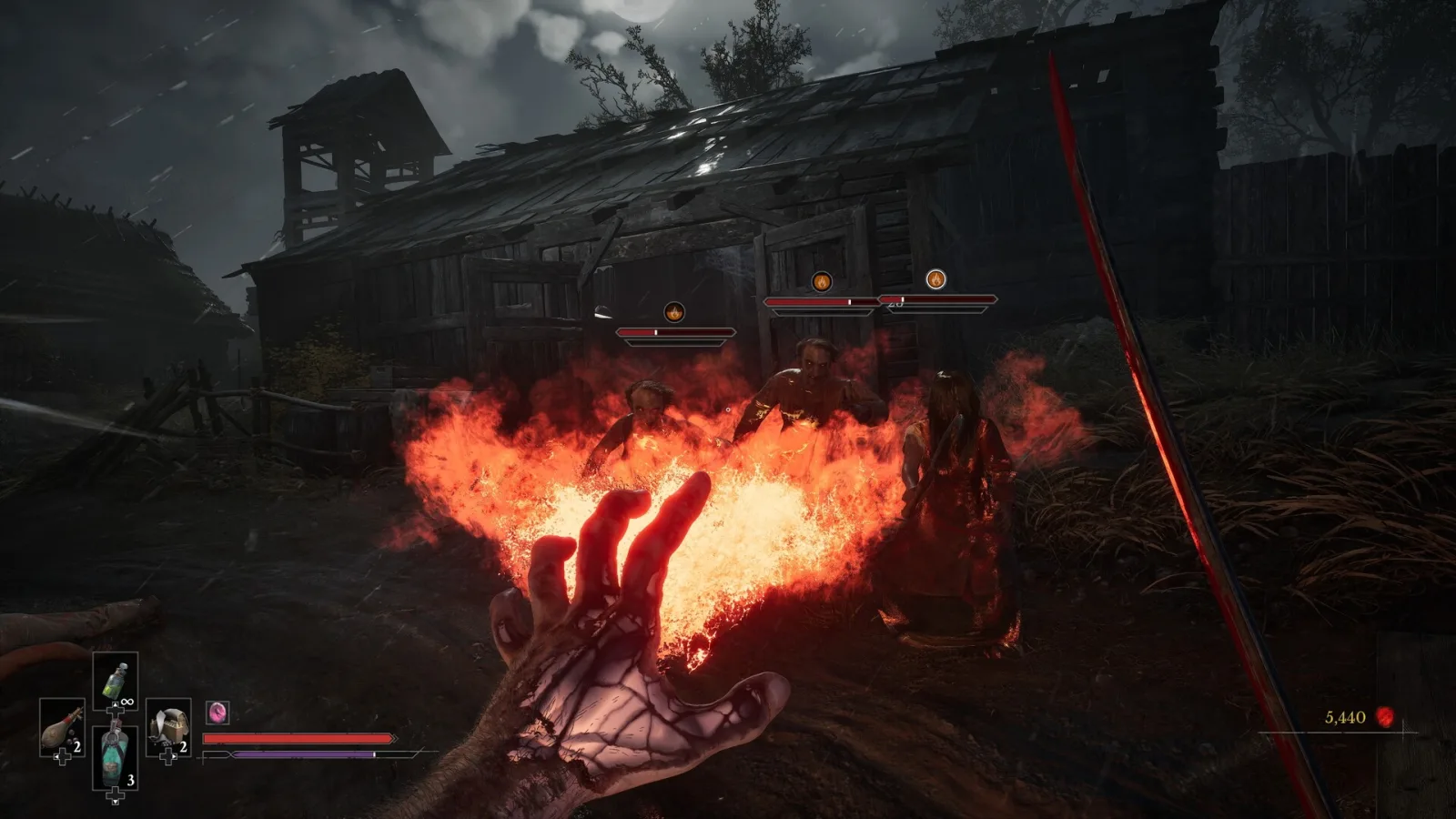 A fire transmutation hits infected villagers outside a barn in Valor Mortis