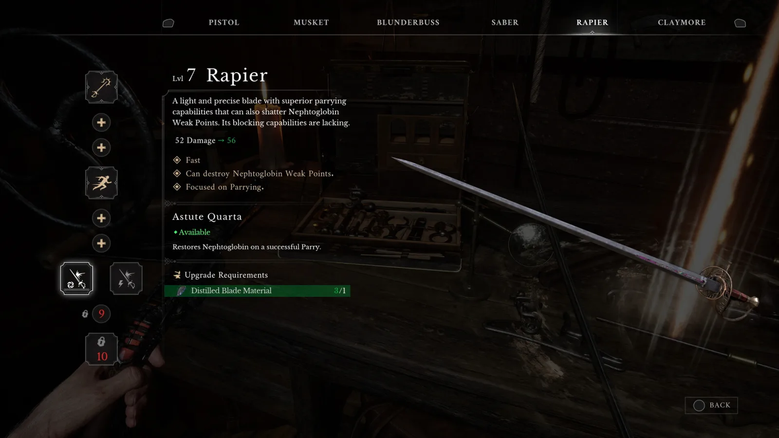 The rapier upgrade screen in Valor Mortis, damage rising from 52 to 56