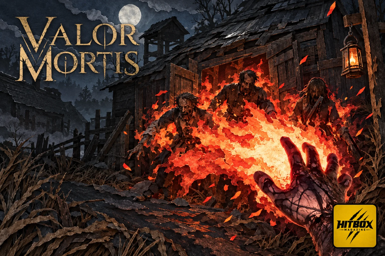Valor Mortis in paper-cut style, a hand burning soldiers outside a barn