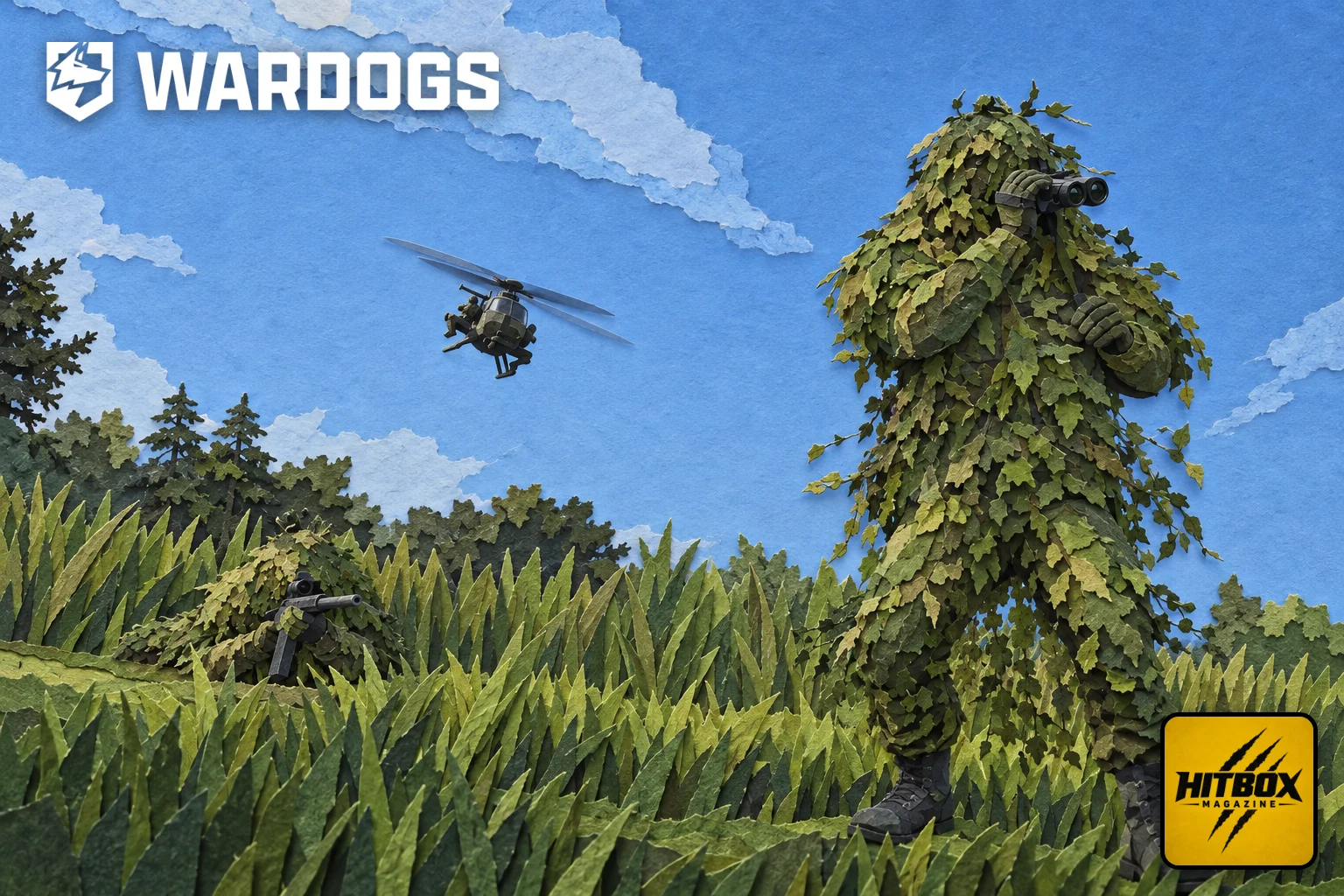 Wardogs en papier découpé, un soldat en tenue de camouflage sous un hélicoptère