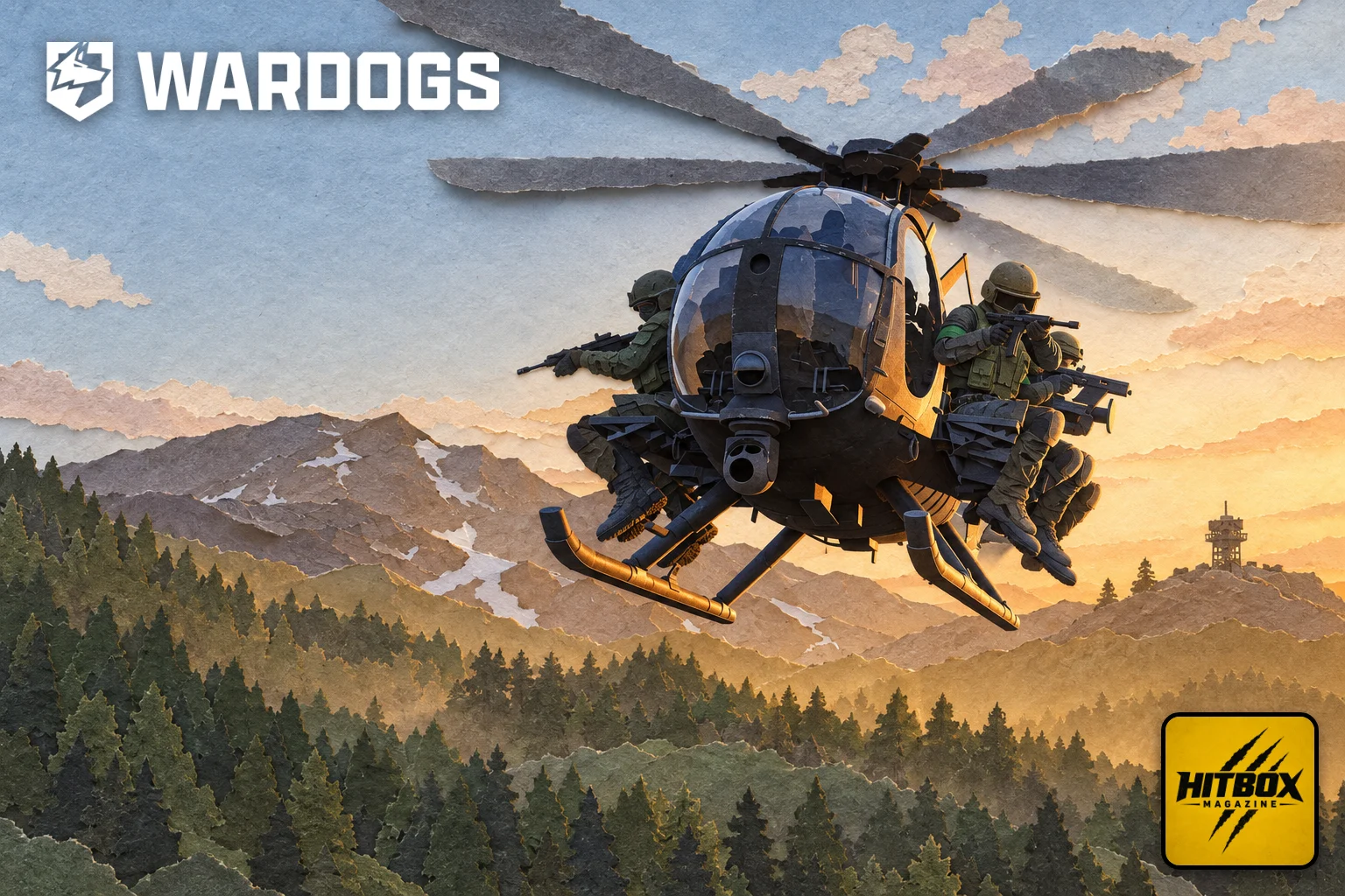 Wardogs en papier découpé, un hélicoptère militaire au-dessus de collines dorées