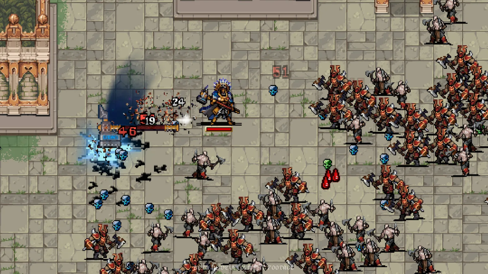 A golden champion holds off an axe-wielding horde in Warhammer Survivors