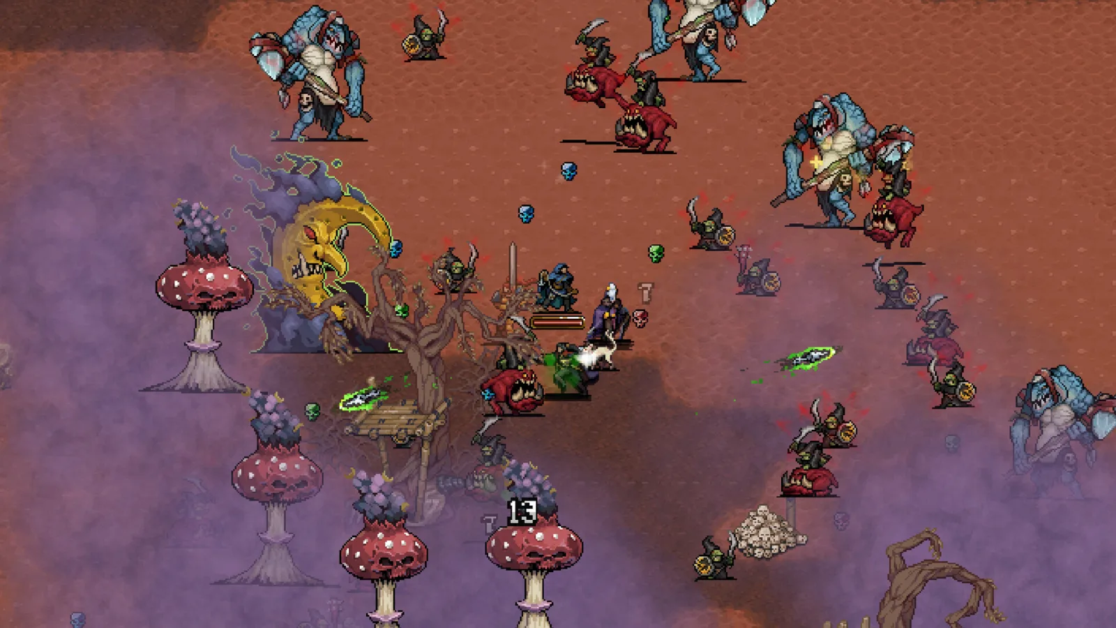 Heroes surrounded by blue trolls among red toadstools in Warhammer Survivors