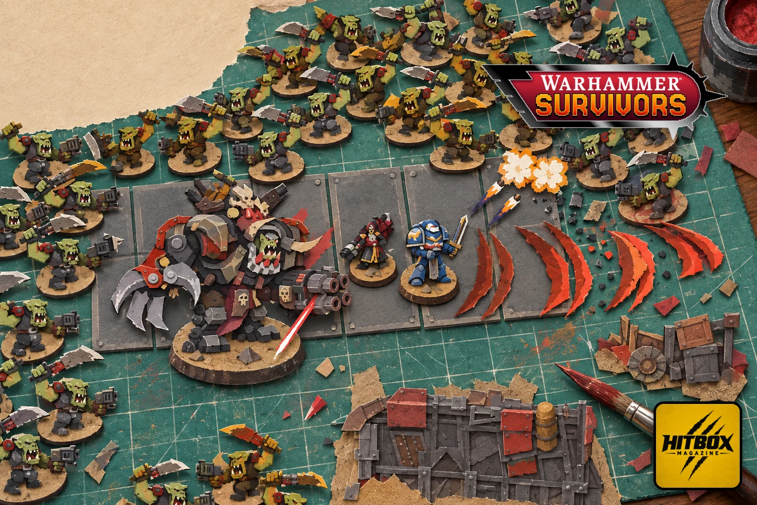 Un Space Marine et un chef ork sur un tapis de découpe dans Warhammer Survivors