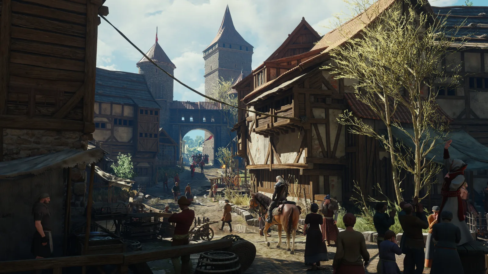 Witcher 3 Remastered, Geralt on horseback in a busy Novigrad street