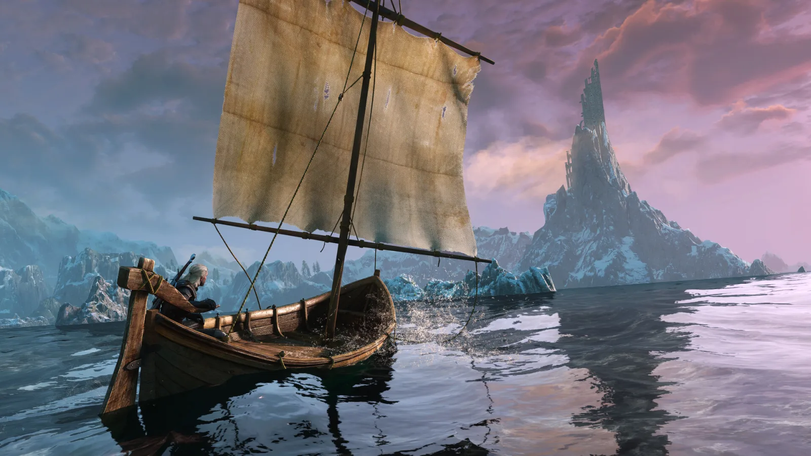 Witcher 3 Remastered, a sailing boat off the islands of Skellige