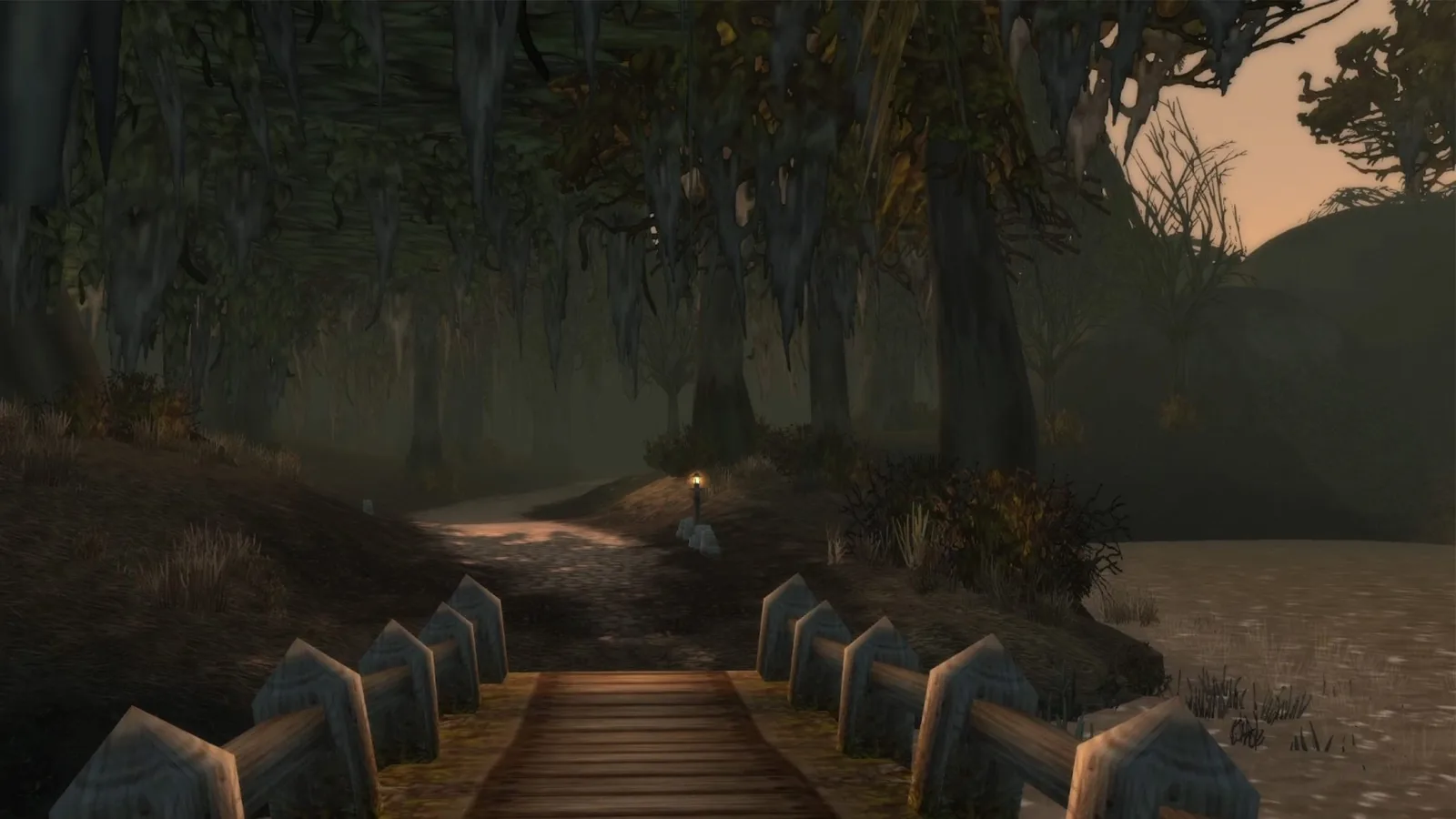 WoW Forever, a wooden boardwalk crossing a dark marsh at dusk