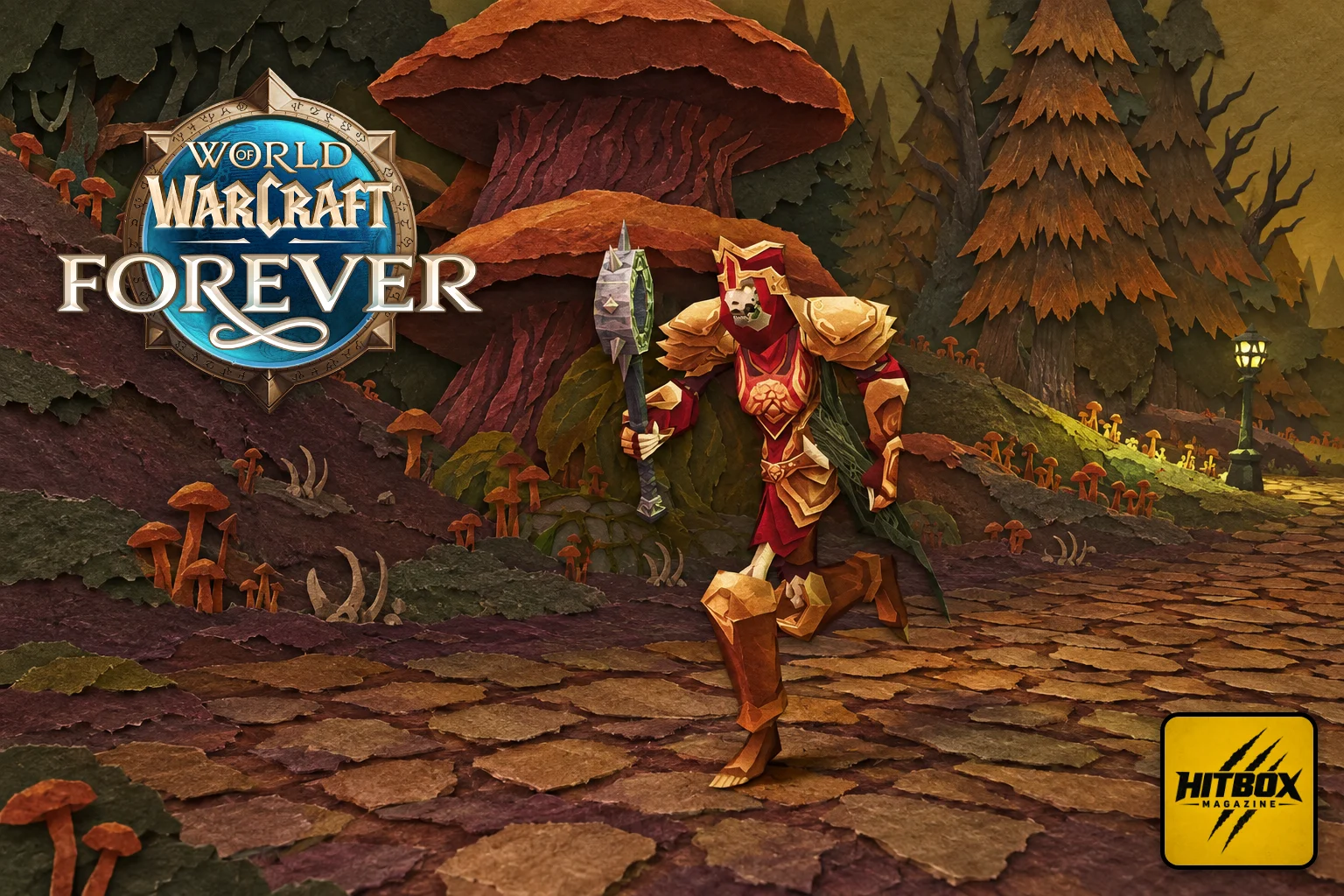 WoW Forever in paper-cut style, a warrior in red armour running through a forest