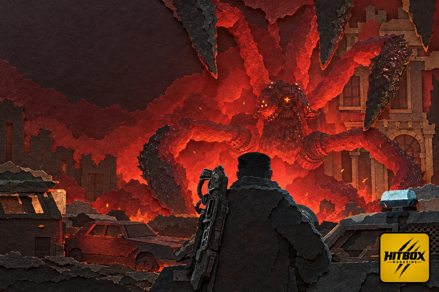 Xbox, un soldat de Gears of War: E-Day devant une caverne rouge
